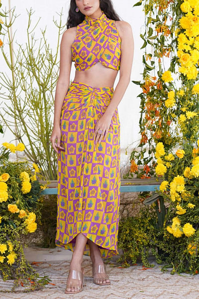 Yellow printed top and skirt