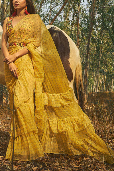 Yellow chiffon sari set