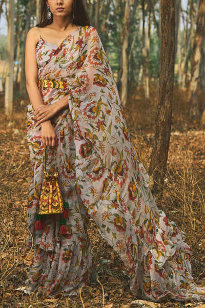 Printed ruffled sari