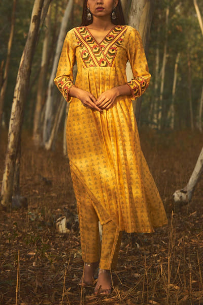 Yellow printed chanderi kurta set