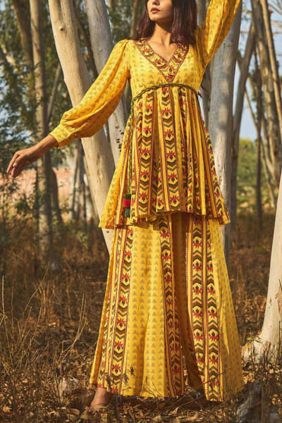 Yellow flared top and gharara set
