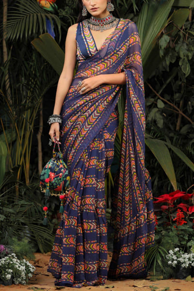 Blue printed chiffon sari