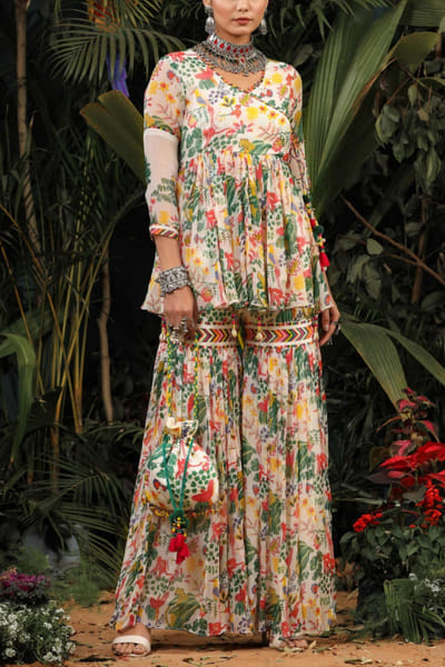 White printed gharara set