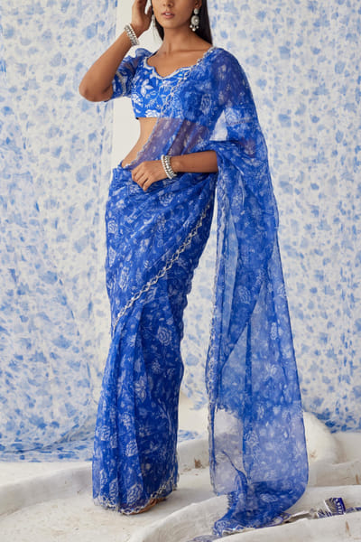 Blue floral organza sari