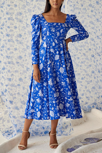 Blue printed midi dress