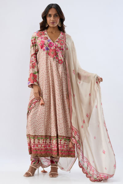 Ivory floral embroidered angrakha anarkali set