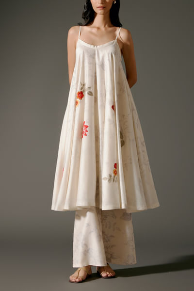 Ivory floral embroidered A-line flared tunic set