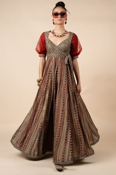 Crimson red printed anarkali