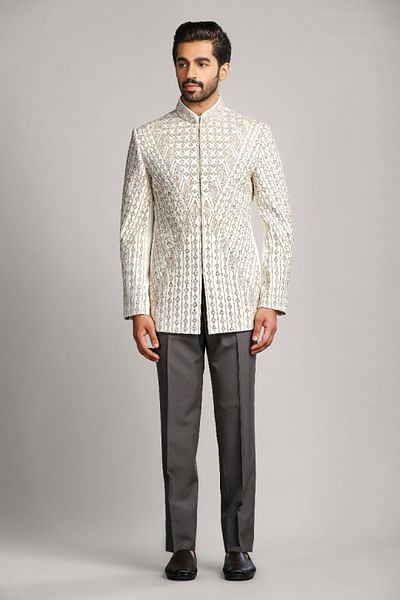 Ivory geometric dori embroidered bandhgala