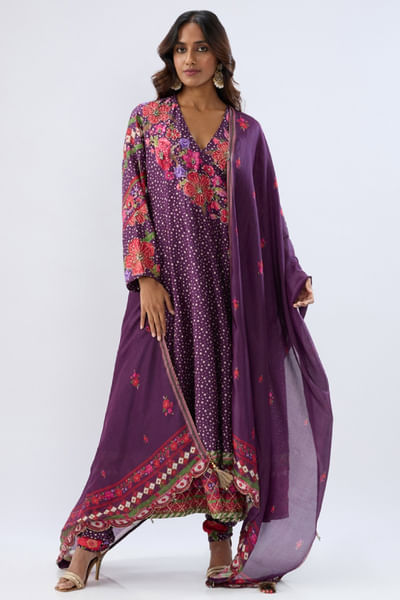 Purple floral embroidery angrakha anarkali set