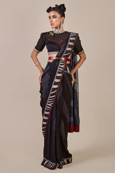 Black zebra printed sari set