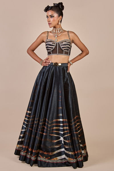 Black zebra print corset skirt set