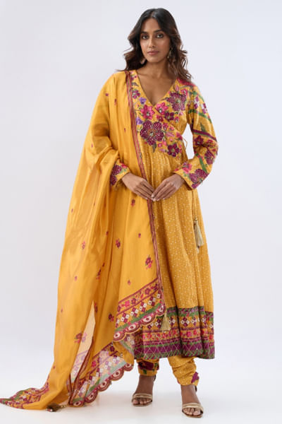 Yellow floral embroidery angrakha anarkali set
