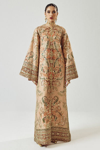 Gold print and embroidered kaftan