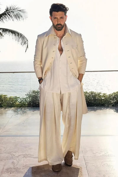 Ivory linen long jacket and pant set