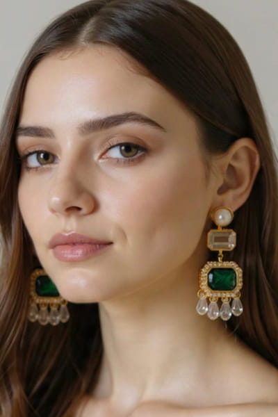 Green crystal and pearl embellished danglers