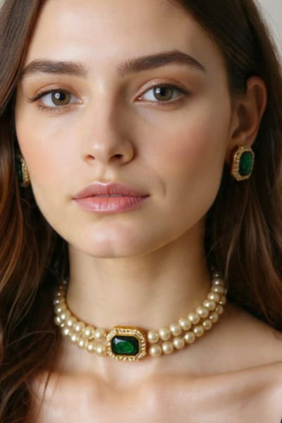 Bblingg by Meghana Green crystal and pearl embellished choker set BBLFEB26D138854