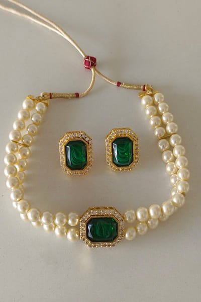 Bblingg by Meghana Green crystal and pearl embellished choker set BBLFEB26D138854