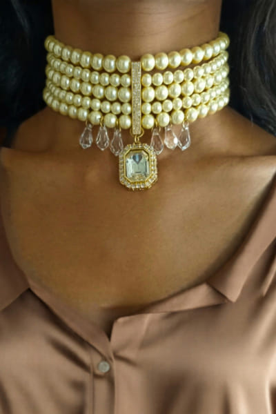 White crystal and pearl embellished necklace