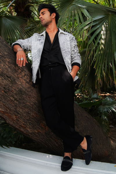 White-black kantha embroidered bomber jacket