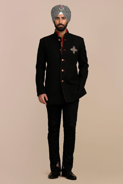 Midnight black thread embroidered bandhgala