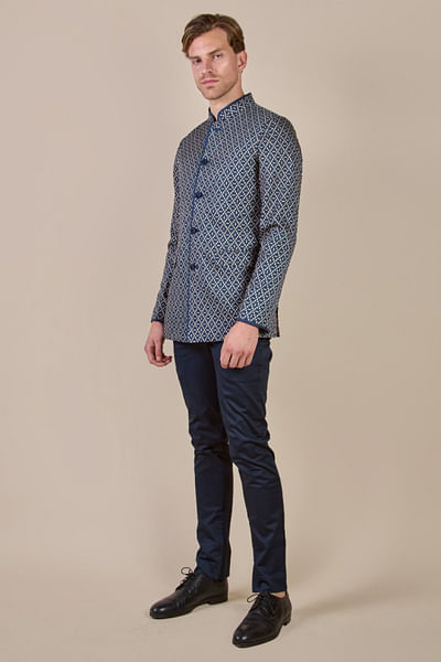Blue jaal printed bandhgala