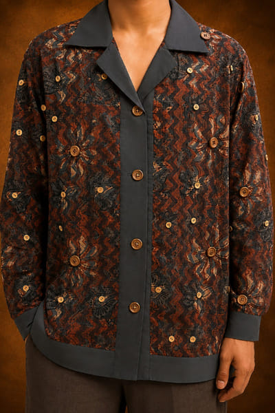 Baroodi Rust and blue ajrakh printed cotton shirt BAROAUG26D152246