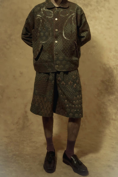 Baroodi Green and rust ajrakh printed corduroy jacket BAROAUG26D152252