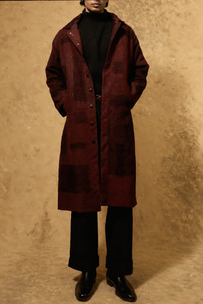 Baroodi Black and rust French-knotted long jacket BAROAUG26D152255