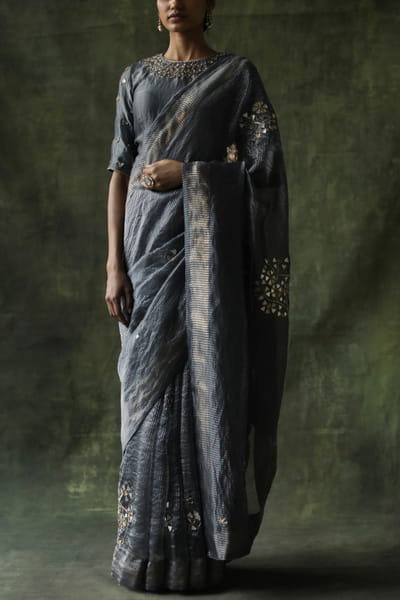 Grey zari silk sari set