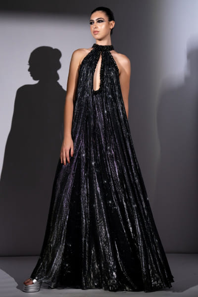 Black galaxy print embroidered maxi dress