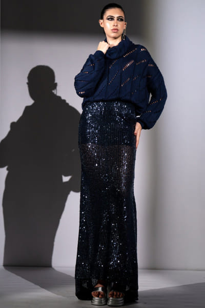 Navy blue knit cowled jumper top