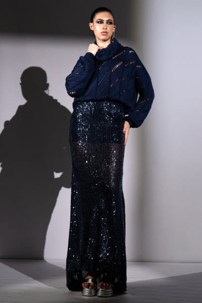 Navy blue sequin embellished skirt