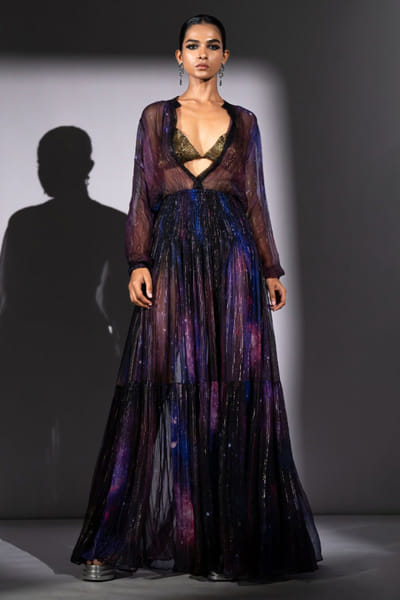 Purple galaxy printed chiffon dress