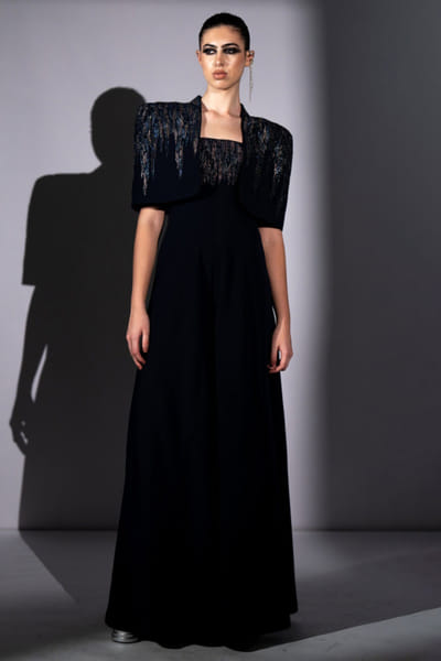 Navy blue embroidered cape and jumpsuit set