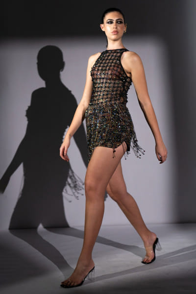 Black web embroidered tulle bodysuit