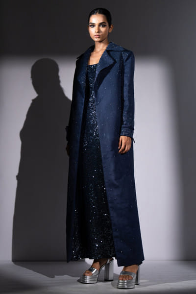 Blue embroidered faux suede trench jacket