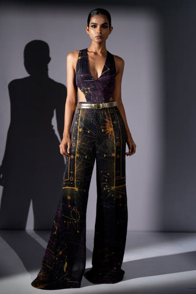 Nikita Mhaisalkar Purple galaxy printed top and pant set NIKFEB26D138062