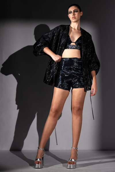 Black embroidered bralette and shorts