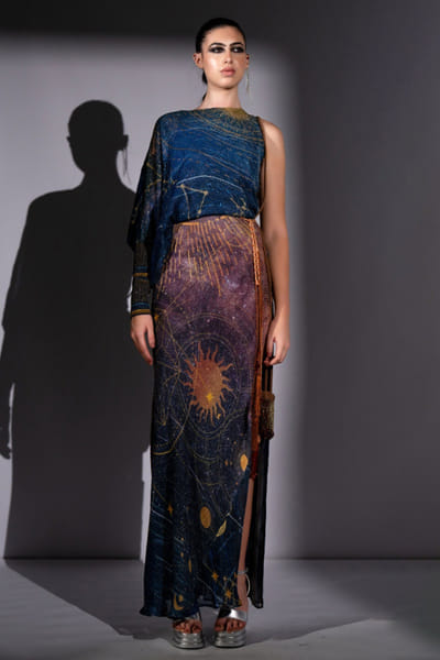 Blue and purple print embroidered dress