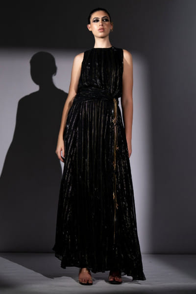 Black lurex georgette knotted dress