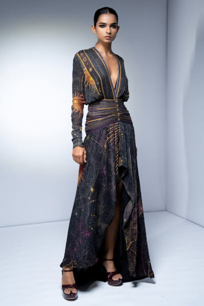 Purple printed and sequinned high-low dress