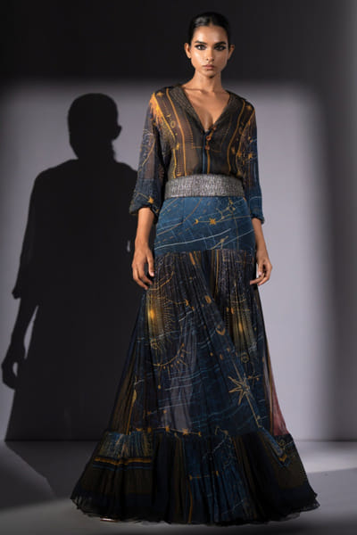 Blue galaxy printed georgette blouse