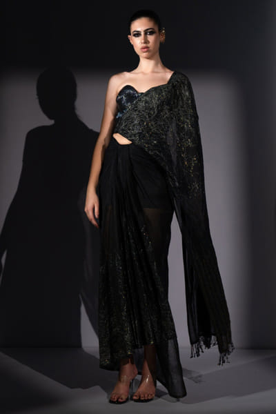 Nikita Mhaisalkar Black embroidered corset and draped sari set NIKFEB26D138093