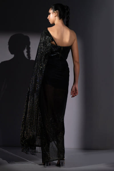 Nikita Mhaisalkar Black embroidered corset and draped sari set NIKFEB26D138093