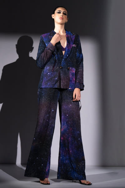 Purple galaxy print embroidered blazer set