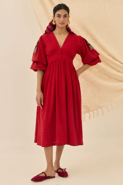 Red applique embroidered dress