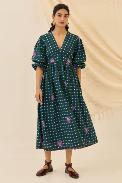 Green checked midi dress