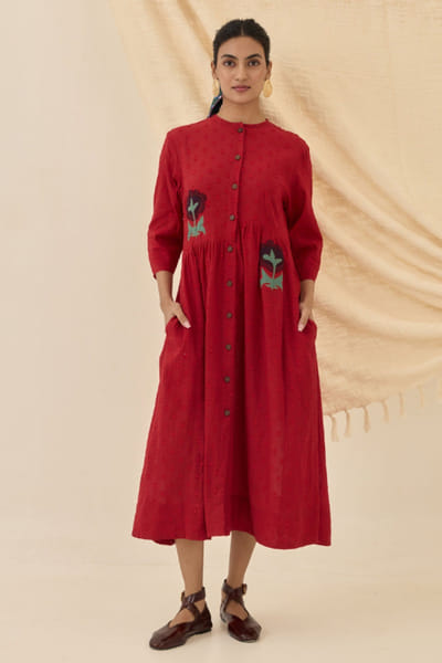 Red applique floral embroidered dress