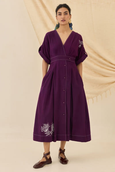 Purple embroidered wrap dress